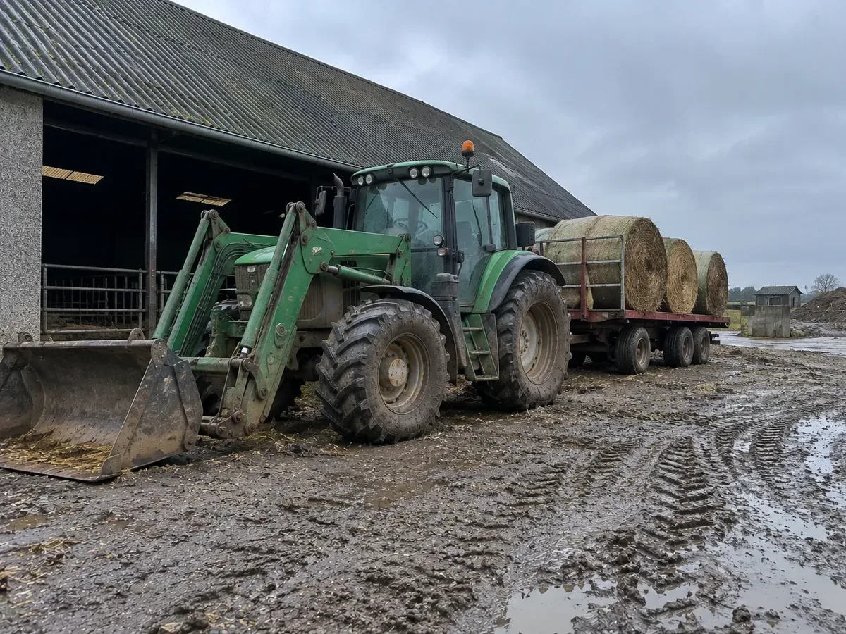 Traktor med frontlæsser og halmballer på en gårdsplads