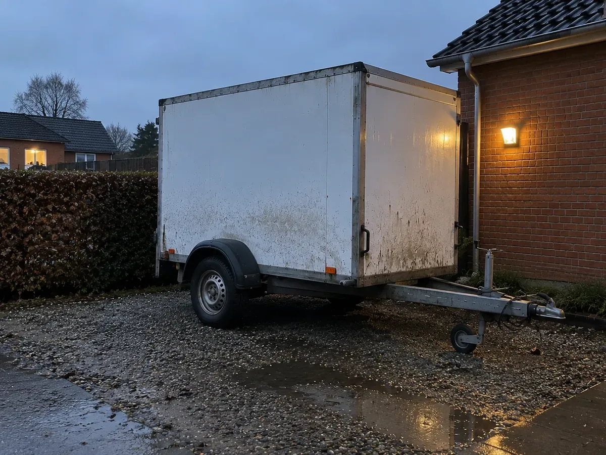 Lukket trailer parkeret ved et hus i gråvejr